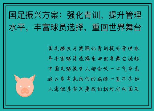 国足振兴方案：强化青训、提升管理水平，丰富球员选择，重回世界舞台